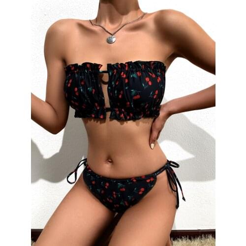 Sexy Bandeau Push Up Bikini Set Cherry Print Hollow Out Brazilian Swimwear Tied String Bathing Suits Female Biquini Beach Wear