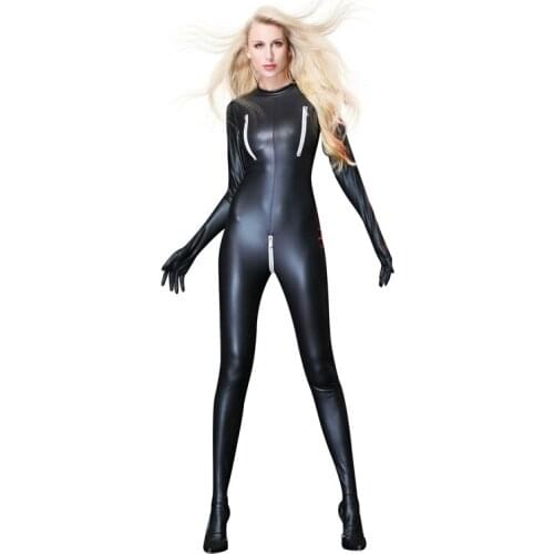 Sexy Lingerie Faux Leather Female Bodysuit Plus Size Erotic Latex Catsuit Bodycon Women Shaping Leotard Open Crotch Zipper