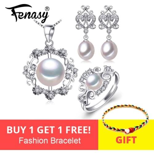 FENASY 925 Sterling Silver earrings with stones,natural Pearl jewelry sets for women,bohemian set ethnic earrings rings
