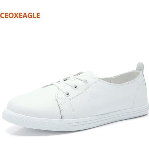 2019 Fashion Genuine Leather Shoes Women Ballet Flats Loafers Casual Breathable Ladies Boat Shoes Lace Up Low Shallow Footwear