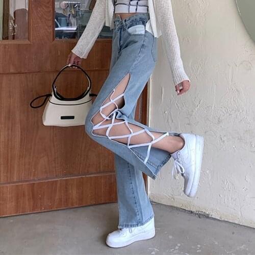 Hollow Out Bandage Jeans Woman 2021 High Waist Sexy Irregular Jeans For Women Plus Size Denim Pants Trousers Jean Femme