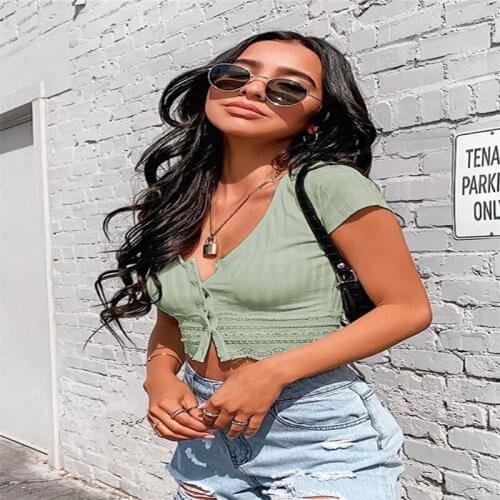 2020 Women Knitted Cardigans Sexy Lace Hollow Out tshirt Women Short Sleeve Summer Crop Top Button Design Tops Femme ropa mujer