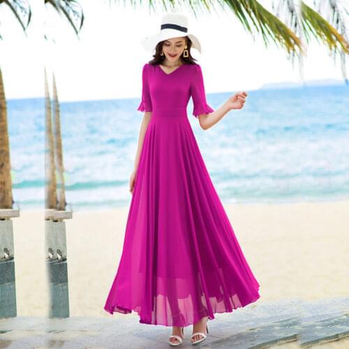 Boho Clothing Korean Dresses for Women 2021 Fashion Chiffon Short Sleeve Holiday Beach Vintage Solid Color Long Dress Elegant D8