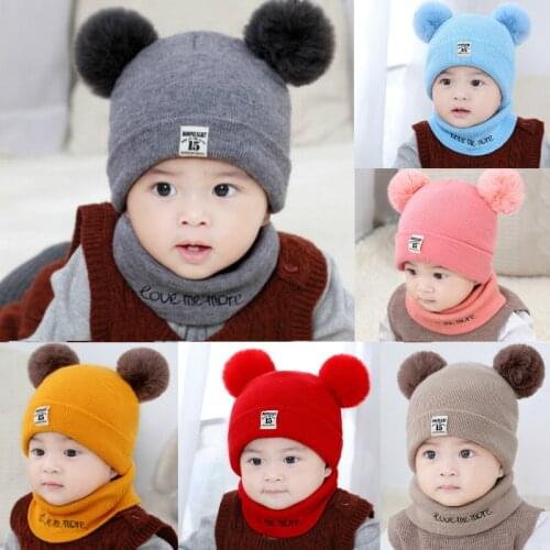 0-12M Newborn Baby Winter Scarf Caps Boy Girl Cotton Knitted Hat Solid Fur Pom Caps Kids Bonnet Beanie Cap
