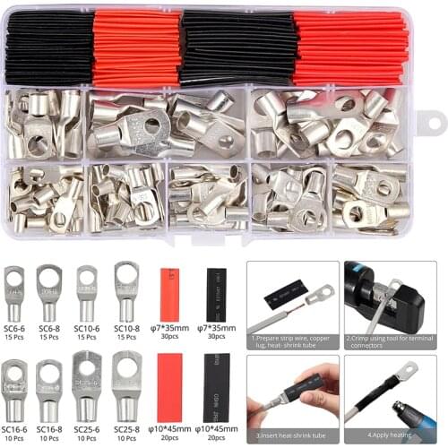 100Pcs Cable Lug Connector Multi-size Tinned Copper Electrical Wire Welding Terminals Cable Crimp Connectors Heat Shrink Tube