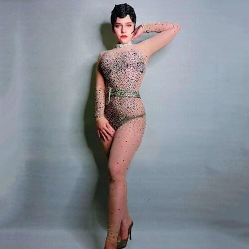 2019 Mesh Transparent Rhinestones Jumpsuit Stretch Rompers Stage Dance Wear Multicolor Stones Sexy See Through Costume DN1545