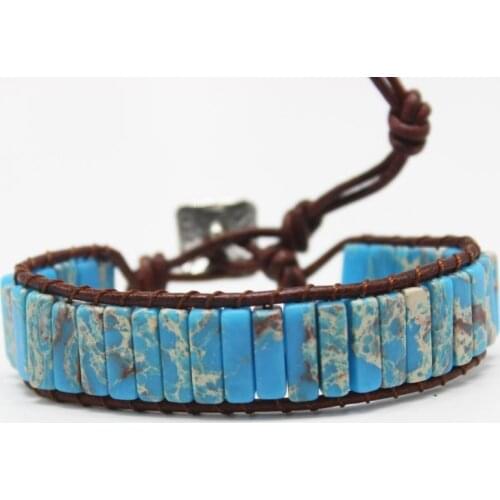 2021 Fashion Chakra Bracelet Jewelry DIY Handmade Sky Blue Natural Stone Leather Wrap Bracelet Tube Beads Couples Bracelets Gift