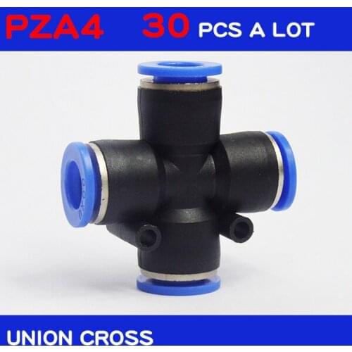 High quality 30Pcs a lot 4mm 4 Way Cross Style Pneumatic Tube Push in Quick Fittings PZA4 pneumatic connectors