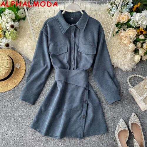 ALPHALMODA Autumn and Winter 2019 Womens Pocket Dress Turn-down Collar Single Breasted Sashes A-line Female Chic Mini Dress