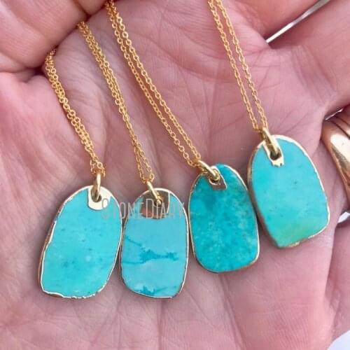 10Pcs Turquoises Necklace Minimalist Turquoises Slice Dainty Gold Plate Raw Turquoises Dog Tag Boho Gift 18inch-32inch NM14796