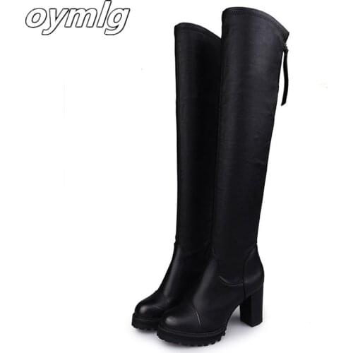 Leather Women Long Boots Over the Knee Boots Platform Sexy Female Autumn Winter Thigh High Boots Block Heels Botas Mujer