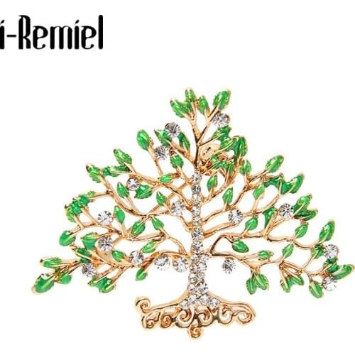Korean Crystal Tree of Life Brooch Pins Womens Fashion Enamel Plant Badge Jewelry Brooches for Women Clothing Accessories