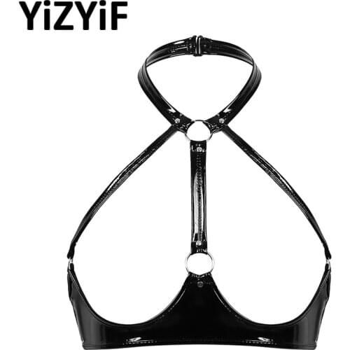 Womens Sexy Lingerie Open Cups Bra Tops Wet Look Patent Leather Bra Halter Neck Backless Open Cups Wire-free Unlined Bra Top