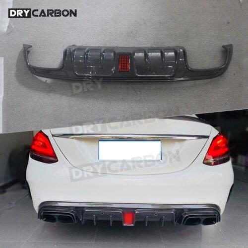 C Class Carbon Fiber Rear Bumper Lip Diffuser With Led Light B Style For Benz W205 C43 C63 AMG Sport 4 Door 2015-2020