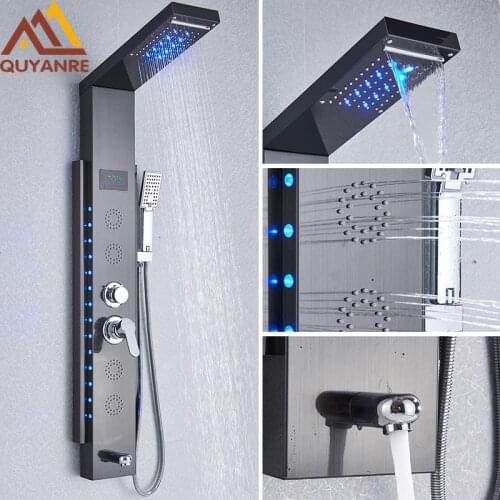 Black LED Shower Panel Luxury Bathroom Shower Faucet LED Shower Panel Column Rain Waterfall LED Shower Faucet Digital Display