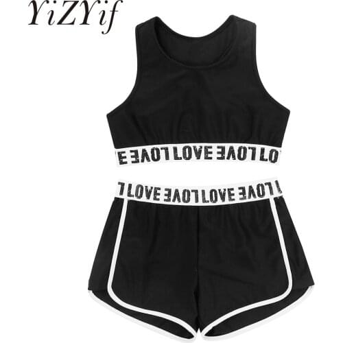 Kids Girl Black Grey Stretchy Sports Dance Sets Tanks Crop Top with High Waist Dance Shorts Bottoms for Ballet Gymnastic Workout