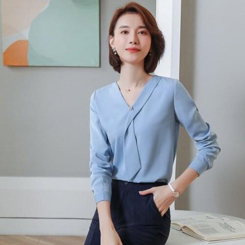 IZICFLY New Fall Elegant Blue White Blouse Women Office Uniform Long Sleeve Korean Shirt Fashion Slim Business Plus Size Tops
