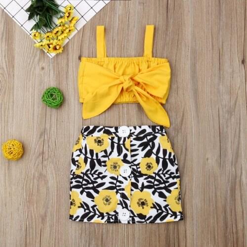 Emmababy Toddler Baby Girl Clothes Yellow Bowknot Sling Crop Tops Flower Print Mini Skirt 2Pcs Summer Outfits