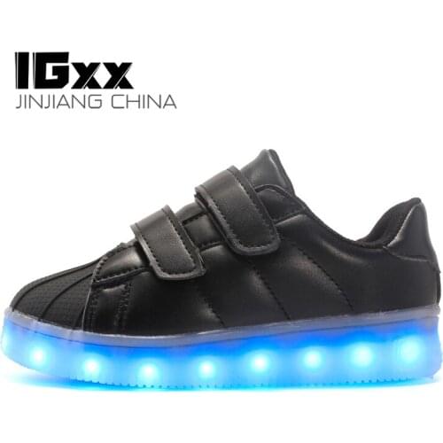 IGxx LED Light Up Shoes For Kids Hook&Loop Best Gift USB Charging Glowing Shoes LED Kids Shoe Child Luminous Sneakers Boys Black