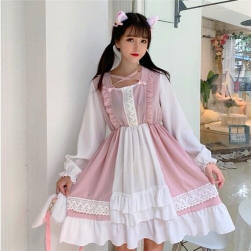 Kawaii Japanese Lolita Dress Soft Sister Sweet Daily Princess Girls Short-sleeved Black Pink Women Dress