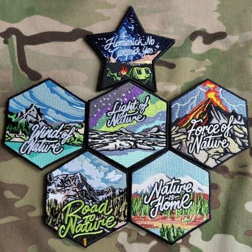 Nature Volcano Eruption Forest Snow Mountain Wind Twin Peaks River Embroidery Patches Luminous Tactical Badge For Clothes Decor