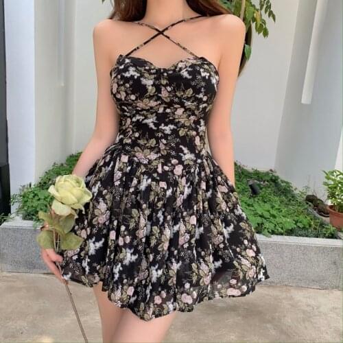 French Floral Sling Dress Women Chic Backless Summer Sexy Mini Dress Beach Spaghetti Strap Dress Sundress 2021 New Female Robe