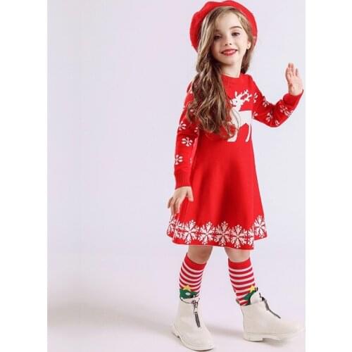 Geometric Pattern Christmas Dress Autumn Winter Long Sleeve Children Clothes Knitted Sweater Kids Dresses for Girls Size 3-8Y