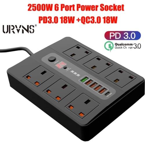 URVNS 2500W Power Strip 6 Outlet with QC3.0 PD USB Fast Charging, Electrical Timer Surge Protector UK Plug Extension Cord Socket