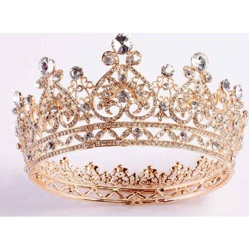 Bridal Wedding Bride Princess Crowns and Tiaras Royal Gold Baroque Tiara Rhinestone Headpiece Full Round Circle Tall Crown Retro