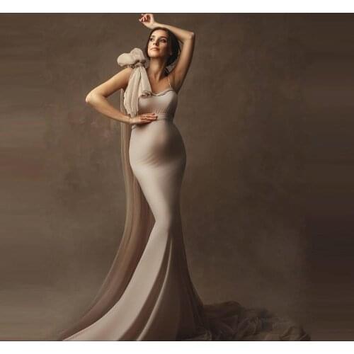 Mermaid Tulle Maternity Dresses With Tulle Bow Custom Made Spandex Women Photography Wear Plus Size Long Maternity Robes