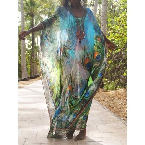 Women Swimwear Beach Sexy Cover Up Swimsuit Dress Tunic Summer 2021 New Chiffon Print Green Peacock Feather Loose Large Cover Up