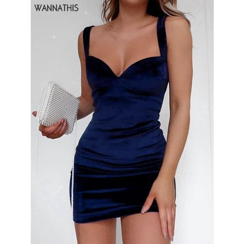 WannaThis Blue V-Neck Spaghetti Strap Sexy Mini Party Dresses Sleeveless Skinny Soft Women Backless Summer Fashion Slim Dresses