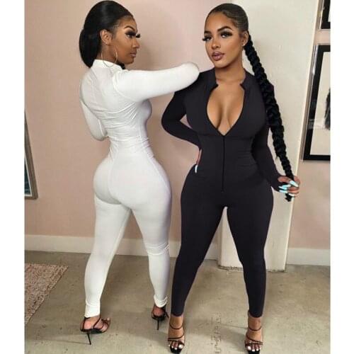2020 New Women Solid Color One Piece Jumpsuit Zipper Front Long Sleeve Rompers Sexy Playsuits
