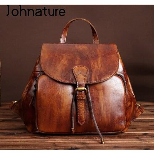 Johnature Retro Women Travel Bag Genuine Leather Bagpack 2021 New High Quality First Layer Cowhide Backpack Female Small Bags