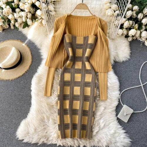 Women knit two piece set plaid print spaghetti strap bodycon mini dress and long sleeve knit cardigan suits womens clothing sets