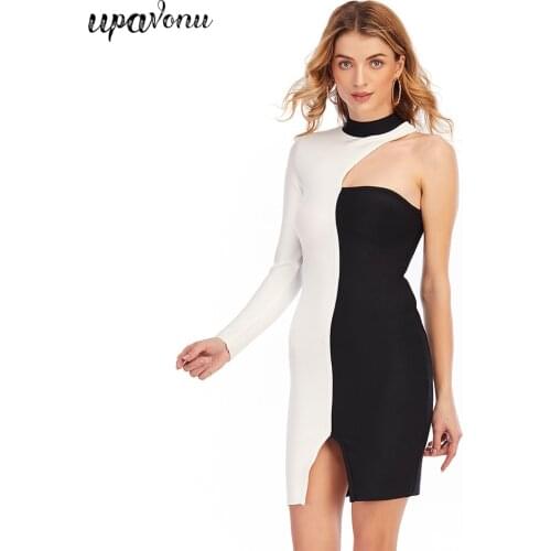 Free Shipping 2021 New Womens Color Blocking One Shoulder Long Sleeve Bandage Dress O Neck Bodycon Sexy Club Party Mini Vestido