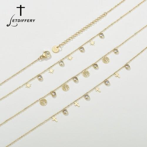 Letdiffery Golden Tiny Cross Heart Circle Pendants Stainless Steel Women Crystal Choker Necklace for Wedding Engagement Gifts