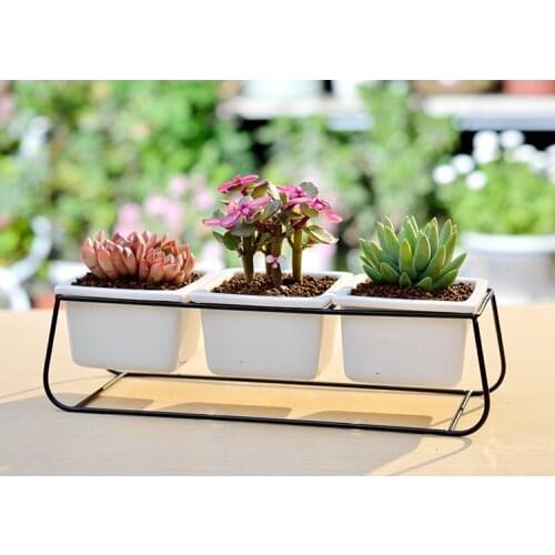 1 Set Ceramic Flower Pots Minimalist Succulent Plant Pots Home Decor Fairy Garden Glod Stand (3 flowerpots + 1 iron shelf)