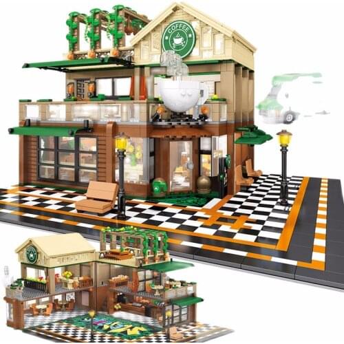 SEMBO 2059Pcs Creative Cafe Coffee Shop Model Building Blocks City Street View Casual House Figures Bricks Toys for Children