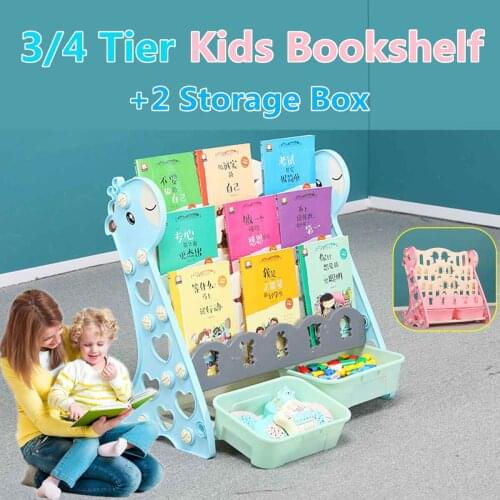 3/4 Tiers Childrens Cartoon Floor Bookcase Kids Kindergarten Toy Stationery Books Storage Shelver Racks with 2 Storage Boxes