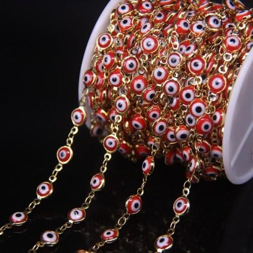 5meter red Enamel Beads Rosary Chain Findings,Evil Eye Drip Oil Glass Coin Golden Chain,Charms Bracelet Wholesale 6mm