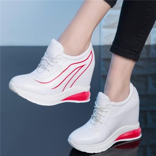 Lace Up Punk Trainers Women Genuine Leather Wedges High Heel Walking Ankle Boots Female Round Toe Platform Pumps Casual Shoes