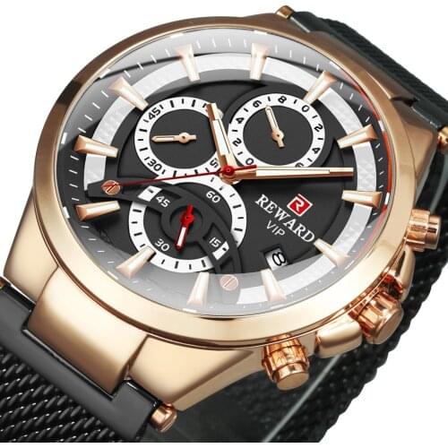 REWARD Men Sport Watch Multifunction Quartz Mens Watches Top Brand Luxury Clock Mesh Steel Strap Calendar Clock reloj hombre
