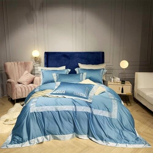Caiyitang 100% cotton silk like solid bedding set embroidery quilt cover shiny smooth bed sheet 2 luxurious pillowcases