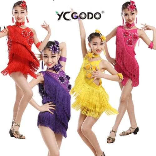 Children latin dance dress for girls ballroom dancing dresses for kids red sequin fringe salsa tassel