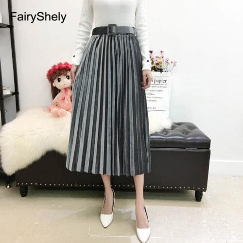 FairyShely 2020 Vintage Velvet Pleated Long Skirt Women High Waist Midi Skirt Korean Black Elastic Band Belt Maxi Skirts Womens