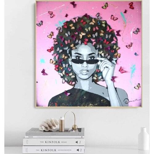 Graffiti Art Cool Girl with Butterfly Hairdressing Canvas Painting Posters and Prints Wall Art Pictures Home Decoration Room