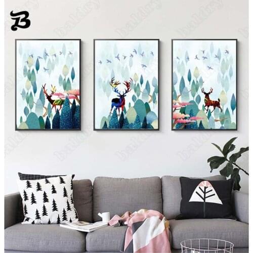 Colorful Deer Canvas Painting Under Blue Sky Modern Natural Landscape Wall Art Posters and Prints for Bedroom Living Room Decor