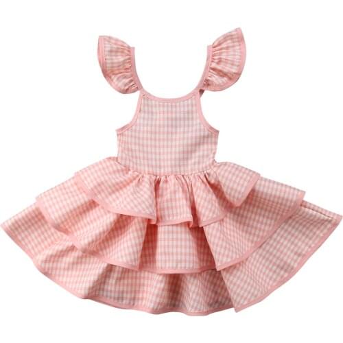 2021 Baby Girls Summer Ruffled Dresses Kids Sleeveless Cute Plaid Print O-neck A-line Dress Princess Dresses for Girls
