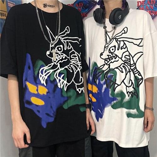 Korean Version of Ins Summer Harajuku Style Comic Graffiti Printing Wild Short-sleeved T-shirt Loose Men and Women Tops T-shirt